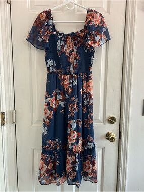 LC Lauren Conrad Navy Floral Smocked Top with Coral Accents